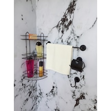 Yapışkanlı Banyo Aksesuar Seti, 3 Katlı Eko Şampuanlık Uzun Havluluk, Tuvalet Kağıtlığı, Bornozluk Siyah