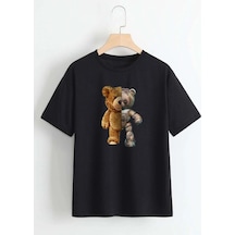 Tarzsokak Unisex Siyah Robotik Ayıcık Baskılı Oversize Bisiklet Yaka T-shirt Siyah