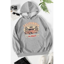 Uyguntarz Unisex California Baskılı Kapüşonlu Sweatshirt Gri