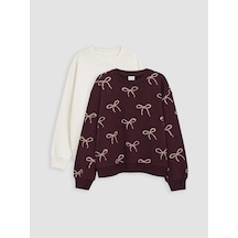 LC Waikiki Lcw Kids Bordo Baskılı Kız Çocuk Kalın Sweatshirt 2'li Lıght Bordeaux P