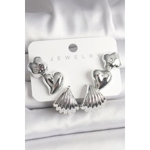 Gümüş Renk Yonca Kalp Deniz Kabuğu Figür Ccb Kadın Küpe Seti Çok Renkli