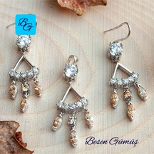 Üçlü Sitrin Taş Sallantılı Set Rose Gold - Gümüş