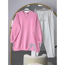 Lovie Moda Kurdele Nakışlı Tesettür Tunik Pantolonlu Takım Pembe