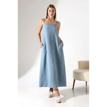 Defymoda Kadın Her Ortama Uyum Sağlayan Müslin Elbise Mavi