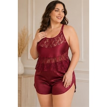 Loule Büyük Beden Bordo Dantel Etek Uçlu Şortlu Pijama Takımı
