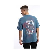 Erkek Oversize Fit Ön Arka Baskılı Basic Tişört İndigo