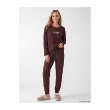 Lcw Dream Kahverengi Bisiklet Yaka Baskılı Kadın Pijama Takım