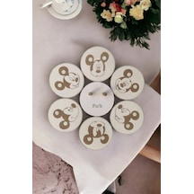 Ahşap Bardak Altlığı Miki Mouse Dekoratif Silinebilir 6'lı Set Beyaz