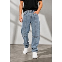 Public Denim Erkek Baggy Jean Pantolon Bol Kesim Yıkamalı Desenli Dikiş Detaylı Oversize K... Mavi