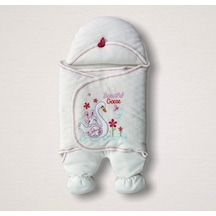Yenidoğan Çiçekli Ördek Nakışlı Şapkalı Kız Bebek Ayaklı Kundak Bebek Battaniyesi Ekru Ekru