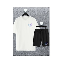 Tarzsokak Unisex Kadın Erkek Renkli Gülen Yüz Baskılı Oversize Tshirt Ve Şort Eşofman Takımı Beyaz
