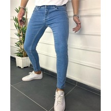 Erkek Mavi Skinny Fit Kot Jeans Likralı Bilek Kalıp Pantolon Açık Mavi
