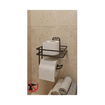 Buççin Online Mağaza Yapışkanlı Delme Gerektirmeyen Banyo Rafı Ve Tuvalet Kağıtlığı - Siyah Paslanmaz Wc Kağıt Askısı Raf Çok Renkli