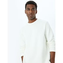 Koton Uzun Kollu Pamuk Karışımlı Dokulu Bisiklet Yaka Sweatshirt Ekru 5wam70257mk Ekru