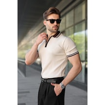 Madmext Taş Rengi Yarım Fermuarlı Polo Yaka Triko Erkek Tişört E7501