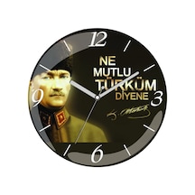 Atatürk Ne Mutlu Türküm Diyene Çap 30cm Sessiz Akar Bombeli Gerçek Cam Duvar Saati Çok Renkli