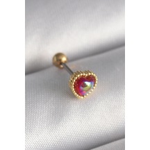 316l Çelik Gold Renk Kırmızı Mineli Kalp Tragus Piercing 5886 Çok Renkli