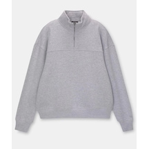 Oversize Yarım Farmuarlı Yakalı Basic Sweatshirt - Gri