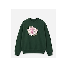 Herkesemoda Choose Çiçek Baskılı 2 İplik Şardonlu Bisiklet Yaka Sweatshirt Yeşil
