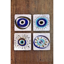 Doğal Taş Bardak Altlığı Nazar Boncuğu Baskılı 4'lü Set - Stone Coasters 273 Çok Renkli