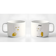 Çay Kahve Espresso Fincanı Minimal8 Çizgisel Kadın Baskılı Kupa 2 Adet 180 Ml Beyaz