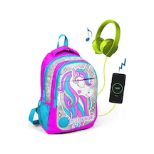 Coral High Kids Pembe Gümüş Unicornlu Üç Bölmeli Usb Şarjlı Kulaklık Çıkışlı Okul Çantası