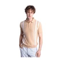 Bej Slim Fit Dar Kalıp Düğmeli Polo Yaka Desenli Kısa Kollu Triko Tişört-16314 Bej