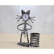 Metal Saksafon Çalan Kedi Müzisyen Saat Ve Kalemlik