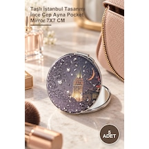 5 Adet El Aynası Taşlı İstanbul Tasarımı İnce Cep Ayna Pocket Mirror 7x7 Cm