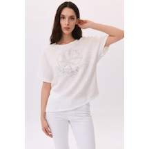 Daido Kadın Yuvarlak Yaka Kısa Kollu Desenli T-shirt 6217 Ekru