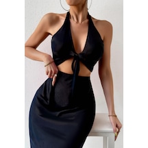 Önden Bağlama Crop Parlak Saten Dizaltı Etek Takım Siyah