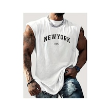 Caddemia Yazlık New York Baskılı Günlük Spor Bol Rahat Nefes Alan Yuvarlak Yaka Kol Beyaz 2XL