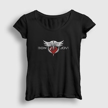 Presmono Kadın Heart Bon Jovi T-shirt Siyah