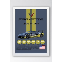 Corvette Z06 Gt3.r Yarış Arabası Tablosu - Teknik Özellikli Otomobil Poster - Çerçeveli Duvar Dekoru Beyaz
