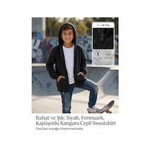 Erdem Kıds Unisex Kız Erkek Çocuk Basic 3 İplik Şardonsuz Fermuarlı Kanguru Cepli Kapüşonlu Pamuk Sweatshirt Hırka Siyah Siyah