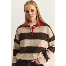Kadın Oversize Çizgili Polo Yaka Kalp Desen Nakış İşlemeli Triko Kazak 2632 60283920 - Krem-kahverengi Çok renkli
