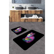 Siyah Kedi Desenli Banyo Halısı Klozet Paspas Seti Bs257n11