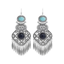 Ganzhoushop Vintage Uzun Tayland Siyah Siyah Renk Püskül Küpeleri Kadınlar Için Hint Gümüş Büyük Beyan Qs Moda Aksesuar Siyah