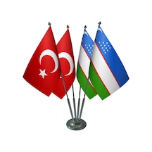 Masa Üstü Özbekistan Bayrağı Türk Bayrağı Dörtlü Krom Direk Masa