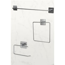 Karteya Yapışkanlı Gümüş Uzun Havluluk Wc Kağıtlık Ve Kare Havluluk Banyo Mutfak 3'lü Set Krom