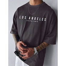 Los Angeles Downtown Süprem T-shirt - Füme Baskılı Oversize Bisiklet Yaka Kısa Kol Tişört Gri
