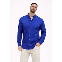 Hazego Erkek Keten Kumaş Oversize Uzun Kollu Rahat Kalıp Gömlek - Saks Mavisi