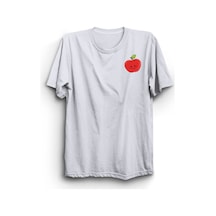 Elma Meyve Baskılı Unisex %100 Pamuk Beyaz T-shirt Beyaz