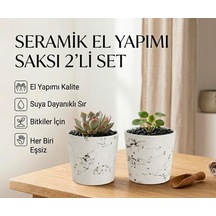 Tr 2'li Seramik Saksı/dekoratif Kupa Seti Beyaz Siyah Desenli Modern Dekoratif El Yapımı Tasarım - 10 Cm Diğer