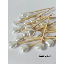 100 Adet Dekoratif Küçük Kalp Incili Kokteyl Kürdanı 6 Cm - Nişan Söz Kalp Incili Kürdan - Kalp 8 Mm