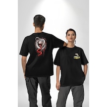 Beyaz Ve Kırmızı Yılan Siyah Oversize Unisex Ön Ve Sırt Baskılı Tişört Siyah