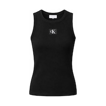 Calvin Klein A - Woven Label 2x2 Cotton Rıb T Siyah Kadın Tişört