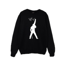 Erkek Siyah Bisiklet Yaka Queen Baskılı Sweatshirt Siyah