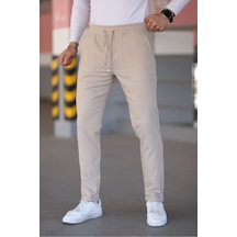 Bürke Erkek Krem Renk Beli Lastikli Bağcıklı Esnek Fitted Jogger Pantolon Kumaş Pantolon
