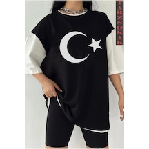 Startmore Siyah Oversize Çift Renk Ay Yıldız Baskılı Unisex Tshirt Beyaz